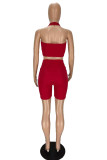 Red Sexy Solid Hollowed Out Backless Halter Sleeveless Two Pieces