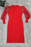 Красное модное повседневное однотонное лоскутное платье с разрезом и круглым вырезом с длинным рукавом плюс размер