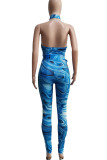 Blauwe sexy halter jumpsuits met patchworkprint en regular-fit pasvorm
