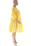 Gelbe, lässige, süße Print-Patchwork-Kleider mit O-Ausschnitt und A-Linie