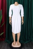 White Casual Solid Patchwork Fold O Neck Pencil Skirt Dresses