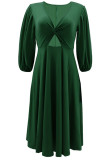 Green Casual Solid Hollowed Out V Neck A Line Dresses