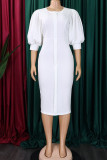 Vestidos de falda de un paso con cuello en O de patchwork sólido casual blanco