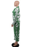 Vestidos de manga comprida verde estampado casual patchwork com gola virada para baixo