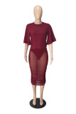 Burgundy Sexy Solid Patchwork See-through O Neck Half Sleeve Two Pieces