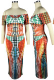 Green Orange Sexy Print Patchwork Off the Shoulder One Step Skirt Dresses