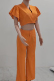 Tangerine Sexy Solid Patchwork V Neck Short Sleeve Two Pieces Ruffle Trim Crop Tops And Pants Sets