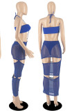Azul sexy sólido ahuecado hacia fuera patchwork transparente halter lápiz falda vestidos
