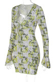 Зеленый сексуальный принт бинты пэчворк V-образным вырезом юбка-карандаш платья