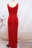 Vestidos de noite vermelho sexy elegante borla lantejoulas com recortes decote em U