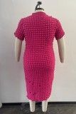 Vestido de manga corta con cuello alto, básico, liso, básico, rosa, rojo rosa, vestidos de talla grande