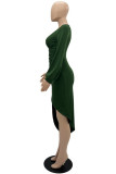 Green Casual Solid Patchwork Fold V Neck Long Sleeve Dresses