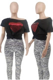 Wit Rood Casual Print Bronzing Patchwork T-shirts met O-hals