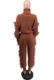 Brown Casual Solid Tassel Patchwork Turtleneck Long Sleeve Two Pieces