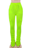 Fluorescent green Drawstring High Solid Pocket Draped Boot Cut Pants Bottoms