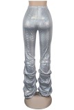 Pantalones casuales plateados de cintura alta con pliegues sólidos regulares