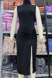 Black Elegant Solid High Opening Fold Turtleneck Wrapped Skirt Dresses