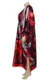 Rose Red Casual Print Patchwork V Neck Irregular Dress Plus Size Dresses