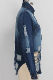 Темно-синий отложной воротник Сплошное отверстие Старая стирка Ковбойская чистая верхняя одежда с длинным рукавом