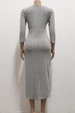 Grey Casual Solid Patchwork Asymmetrical O Neck Straight Dresses