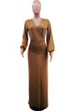 Brown Sexy Solid Fold V Neck Asymmetrical Dresses