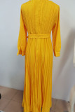 Yellow Casual Elegant Solid Patchwork Fold With Belt V Neck Straight Dresses