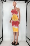Yellow Sexy Print Backless Spaghetti Strap Sleeveless Dress Dresses