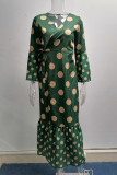 Vestidos rectos con cuello en V y patchwork con estampado informal verde