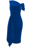 Blue Elegant Solid Patchwork Oblique Collar Evening Dress Dresses