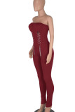 Burgundy Sexy Solid Patchwork Strapless Skinny Jumpsuits