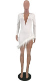 White Sexy Solid Patchwork Feathers Mesh O Neck One Step Skirt Dresses