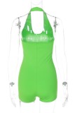 Groene Sexy Casual Solid Backless Halter Skinny Romper