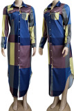 Robes de robe chemise à col rabattu décontracté à rayures imprimées patchwork bleu marine