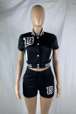 Black Casual Letter Print Patchwork Short Sleeve Two Pieces