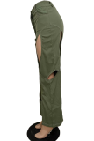 Army Green Street Solid Hollow Out Patchwork Regular Vita alta Pantaloni dritti in tinta unita