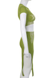 Зеленый сексуальный уличный принт в стиле пэчворк асимметричный с круглым вырезом и коротким рукавом из двух частей