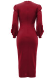 Red Elegant Solid Hollowed Out Patchwork Slit O Neck Wrapped Skirt Dresses