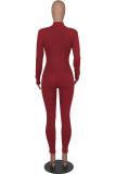 Burgundy Casual Solid Patchwork Zipper Collar Skinny Jumpsuits