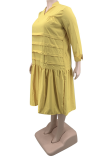 ブルーカジュアルソリッドフラウンスVネックケーキスカートプラスサイズのドレス