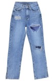 Jeans liso casual azul claro cintura alta reta rasgada cor sólida