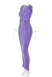 Фиолетовое сексуальное однотонное длинное платье с круглым вырезом