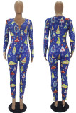 Navy Blue Sexy Party Patchwork Print Santa Claus V Neck Skinny Jumpsuits