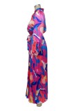 Rose Purple Casual Print Basic O Neck Long Sleeve Dresses (Subject To The Actual Object)