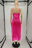 Rose Red Sexy Casual Solid Backless Spaghetti Band Lange Jurk