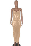 Champagne Sexy Solid Patchwork Backless Fold Halter One Step Skirt Dresses