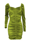 Vert olive Sexy Casual solide Patchwork pli carré col manches longues robes