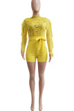 Yellow Sexy Solid Hollowed Out Patchwork See-through Half A Turtleneck Regular Rompers