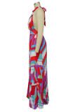 Синий сексуальный принт в стиле пэчворк с открытой спиной и складками Холтер платья линии