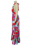 Red Sexy Print Patchwork Backless Fold Halter A Line Dresses