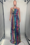 ロイヤルブルーファッションセクシープリントバックレスOネックスリングドレスドレス